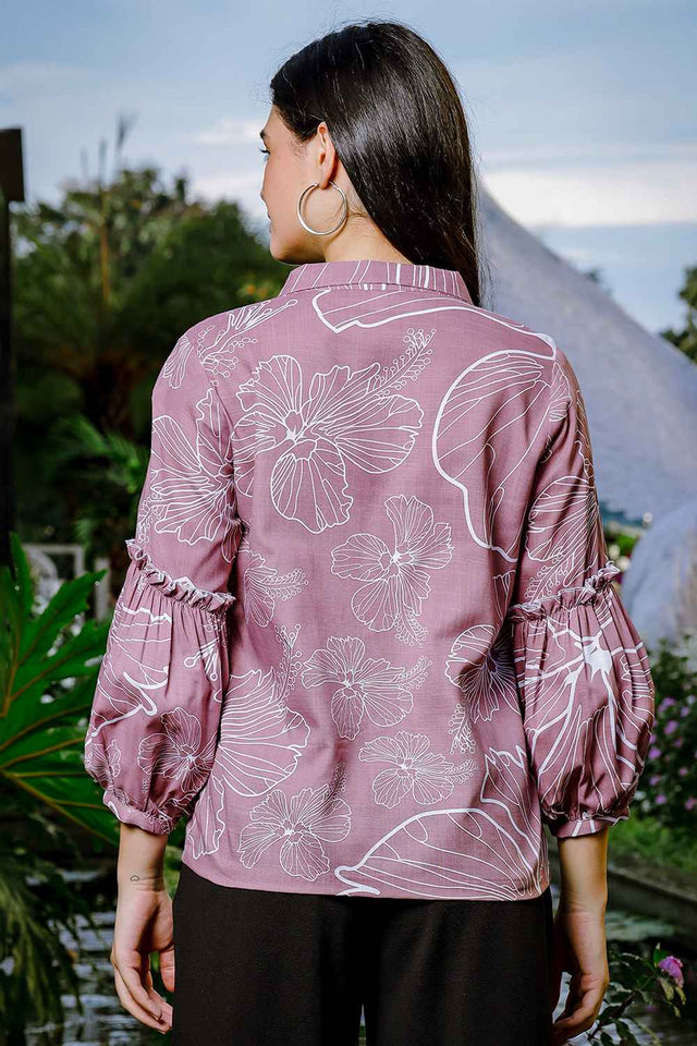 Violet Floral Printed Linen Tops