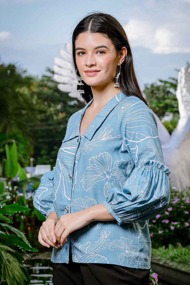 Blue Floral Printed Linen Tops (6173TOPSB)