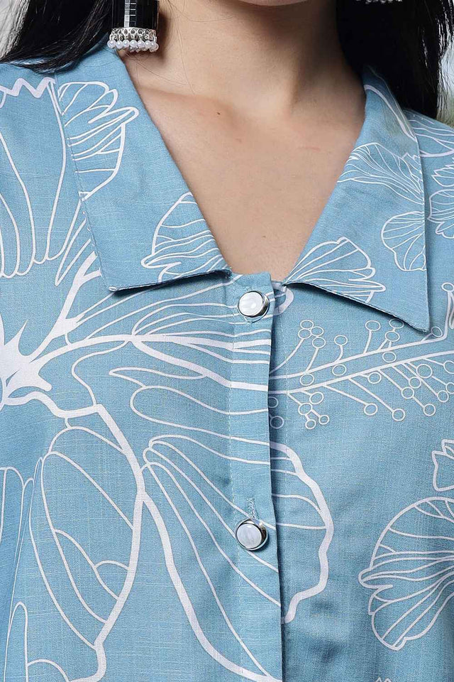 Blue Floral Printed Linen Tops (6173TOPSB)