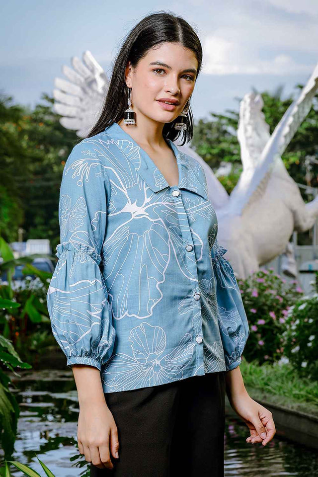 Blue Floral Printed Linen Tops (6173TOPSB)