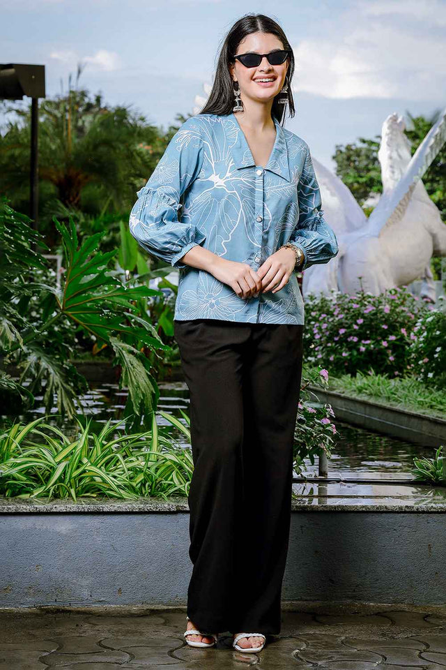 Blue Floral Printed Linen Tops (6173TOPSB)