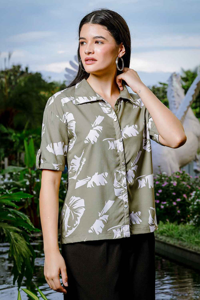 Green Leaf Printed Liva Tops