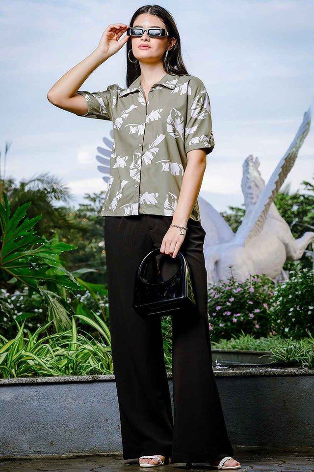 Green Leaf Printed Liva Tops