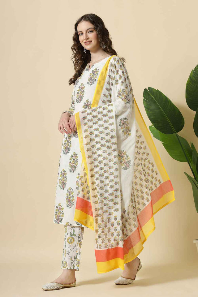 White Floral Printed Cotton Kurti Pant Set