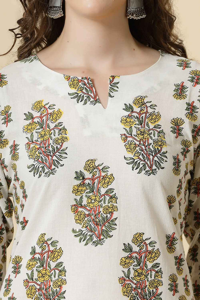White Floral Printed Cotton Kurti Pant Set