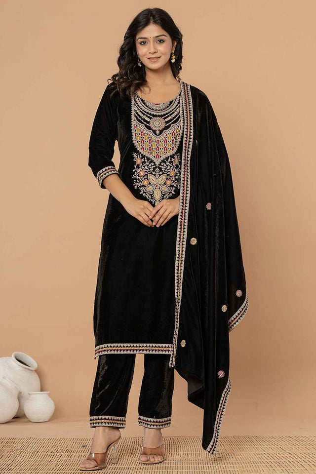 Black Solid Embroidered Velvet Kurti Pant Set (6185SKDBK)