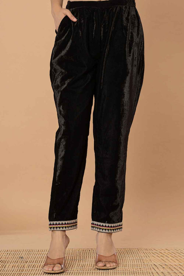 Black Solid Embroidered Velvet Kurti Pant Set (6185SKDBK)