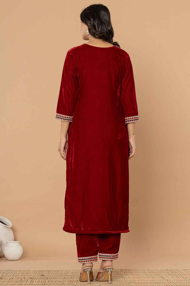 Red Solid Embroidered Velvet Kurti Pant Set (6185SKDMR)
