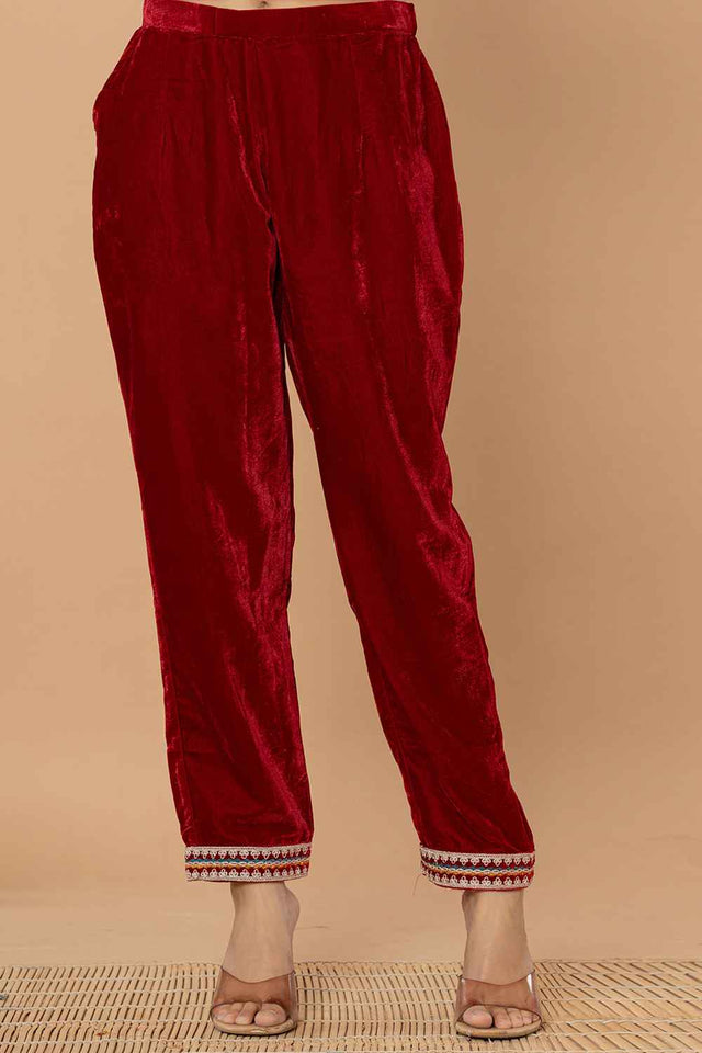 Red Solid Embroidered Velvet Kurti Pant Set (6185SKDMR)