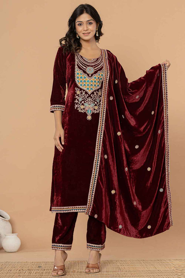 Brown Solid Embroidered Velvet Kurti Pant Set (6186SKDBUG)