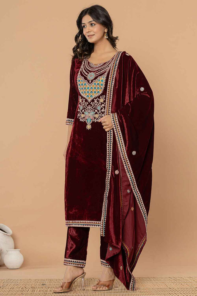Brown Solid Embroidered Velvet Kurti Pant Set (6186SKDBUG)