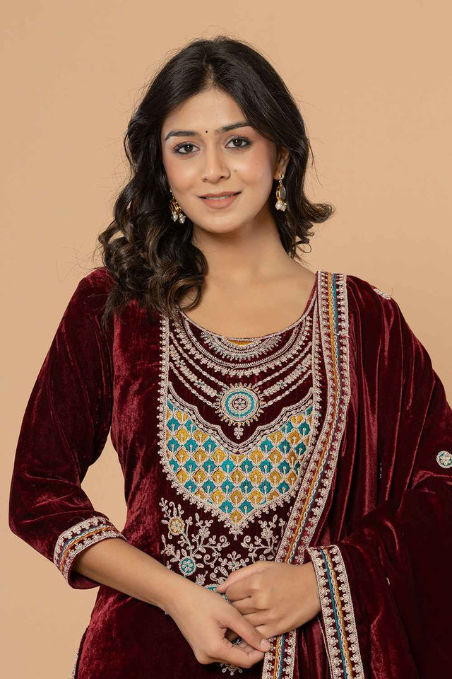 Brown Solid Embroidered Velvet Kurti Pant Set (6186SKDBUG)