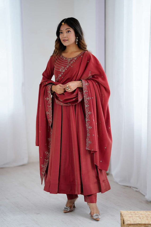 Maroon Embroidered Chanderi Anarkali Suit Set