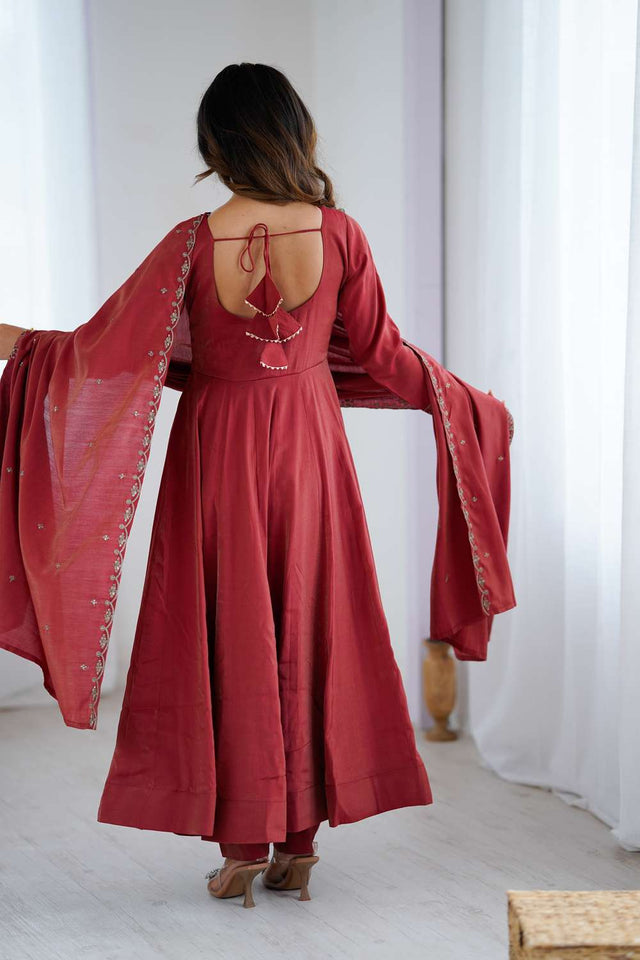 Maroon Embroidered Chanderi Anarkali Suit Set