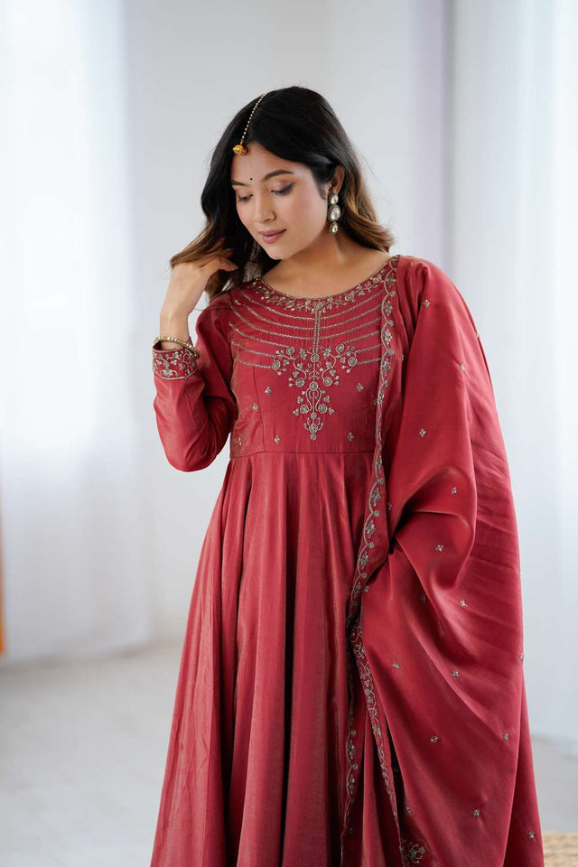 Maroon Embroidered Chanderi Anarkali Suit Set