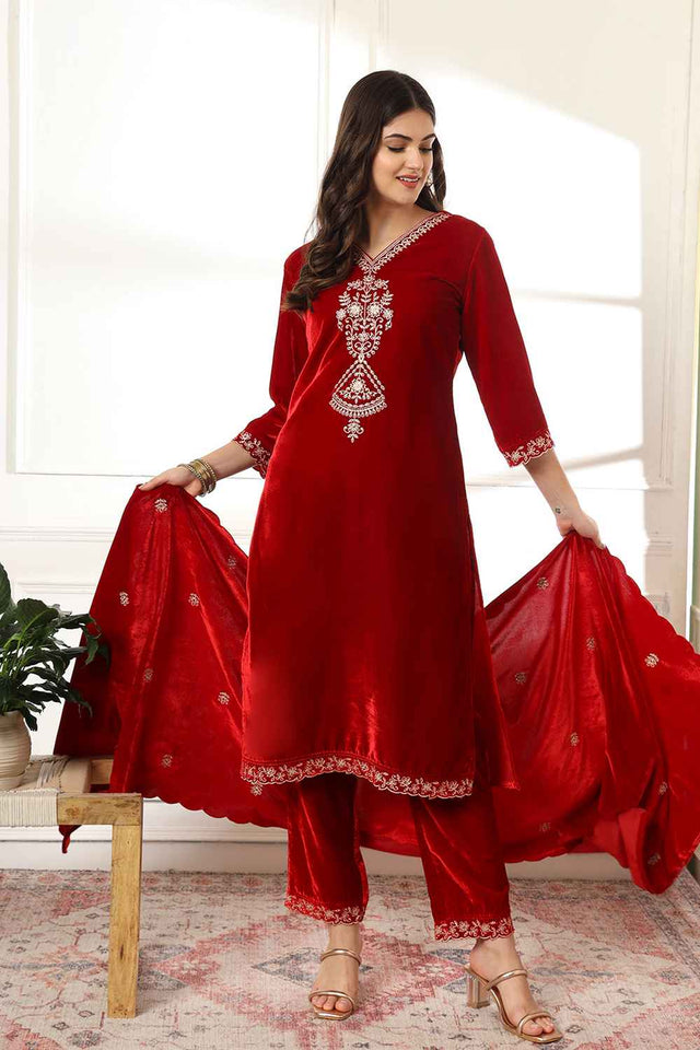 Red Solid Embroidered Velvet Kurti Pant Set (6230SKDMR)