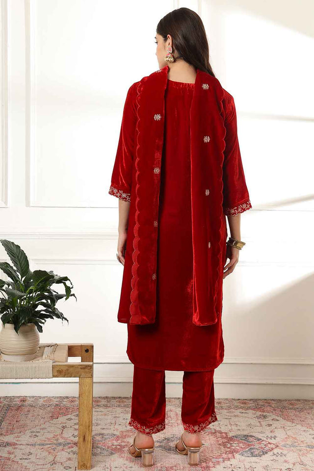 Red Solid Embroidered Velvet Kurti Pant Set (6230SKDMR)
