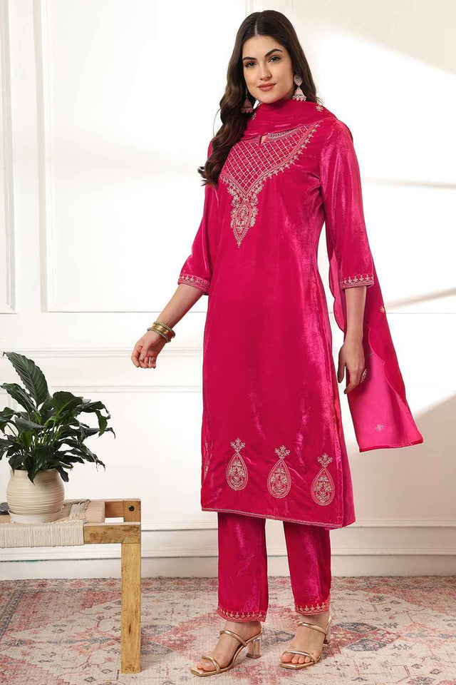 Pink Solid Embroidered Velvet Kurti Pant Set (6232SKDPK)