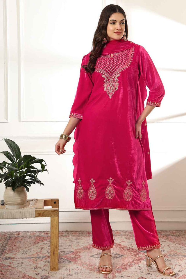 Pink Solid Embroidered Velvet Kurti Pant Set (6232SKDPK)