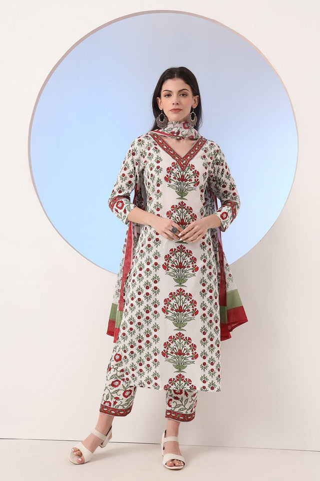 White Floral Printed Cotton Straight Cut Suit Set