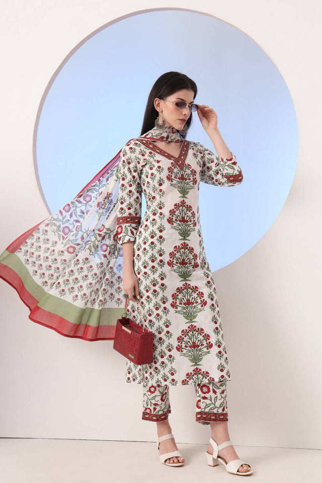 White Floral Printed Cotton Straight Cut Suit Set