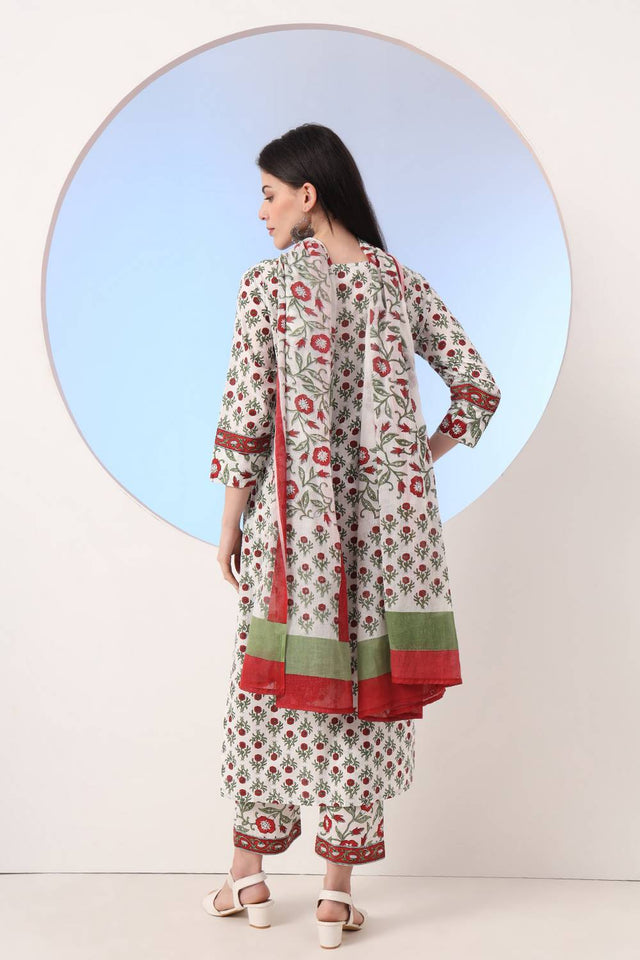 White Floral Printed Cotton Straight Cut Suit Set