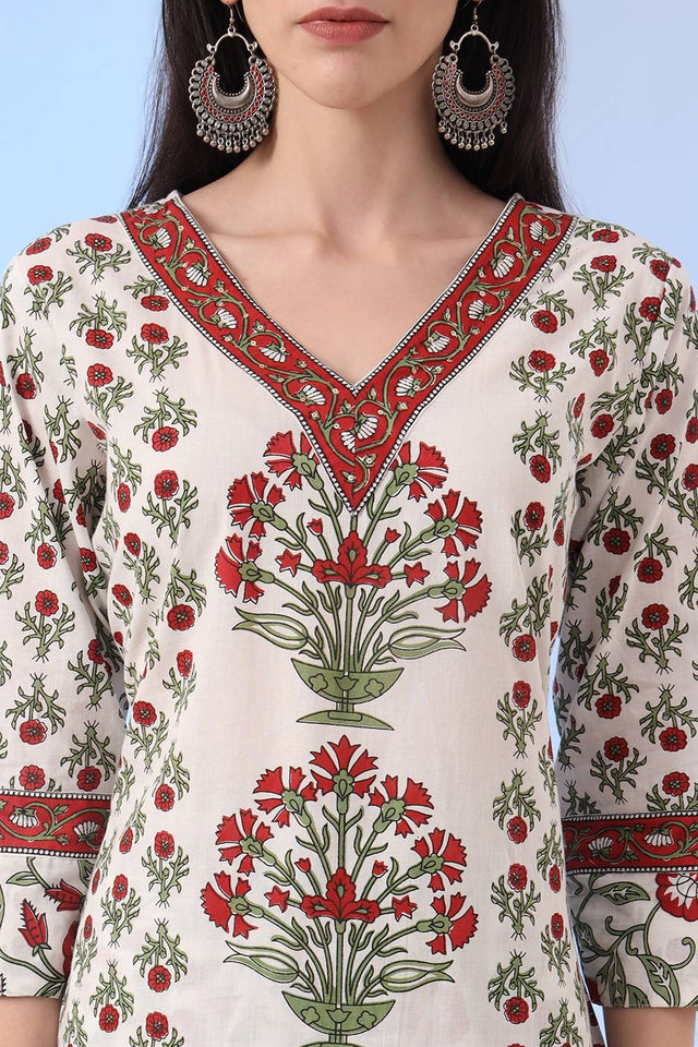 White Floral Printed Cotton Straight Cut Suit Set