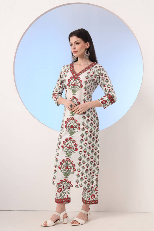 White Floral Printed Cotton Straight Cut Suit Set