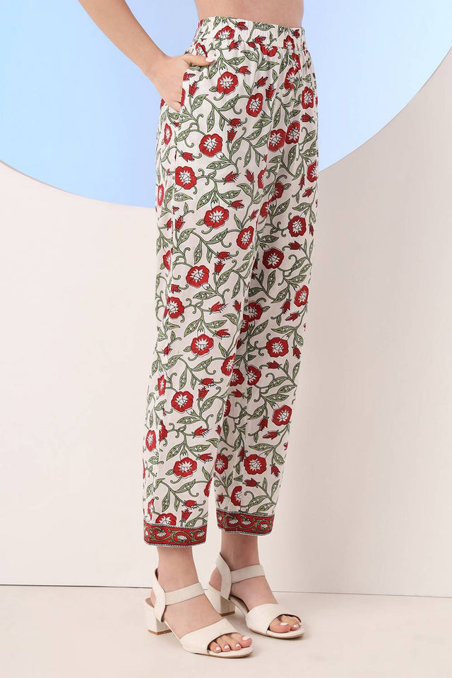 White Floral Printed Cotton Straight Cut Suit Set