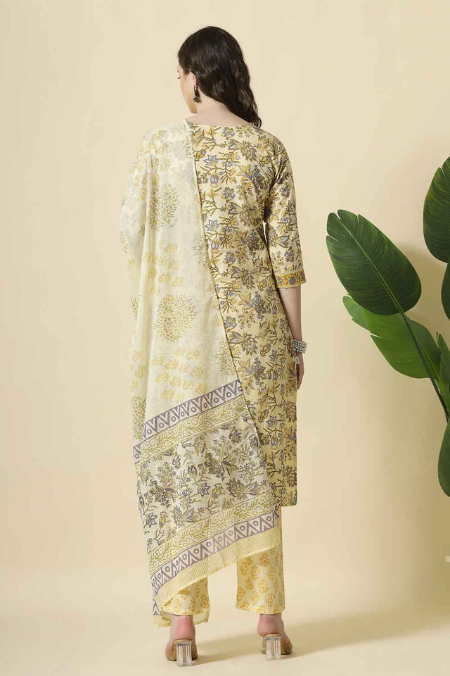 Yellow Floral Printed Cotton Kurti Pant Set