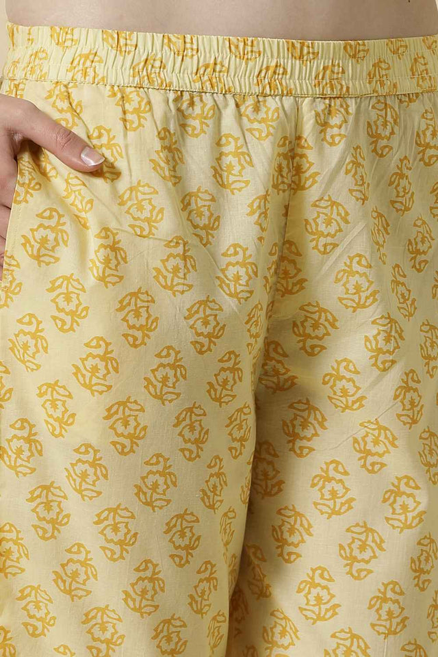 Yellow Floral Printed Cotton Kurti Pant Set
