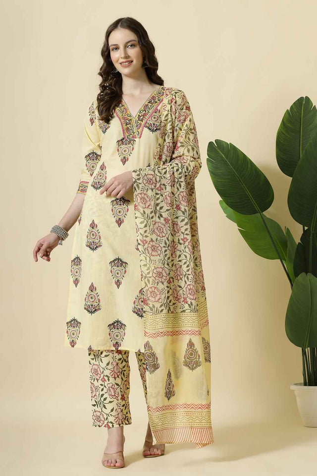 Yellow Floral Printed Cotton Kurti Pant Set