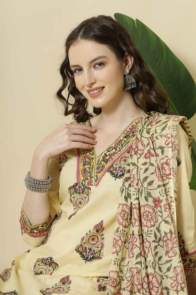 Yellow Floral Printed Cotton Kurti Pant Set