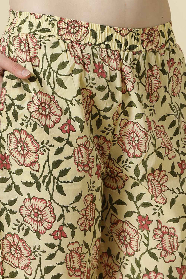 Yellow Floral Printed Cotton Kurti Pant Set