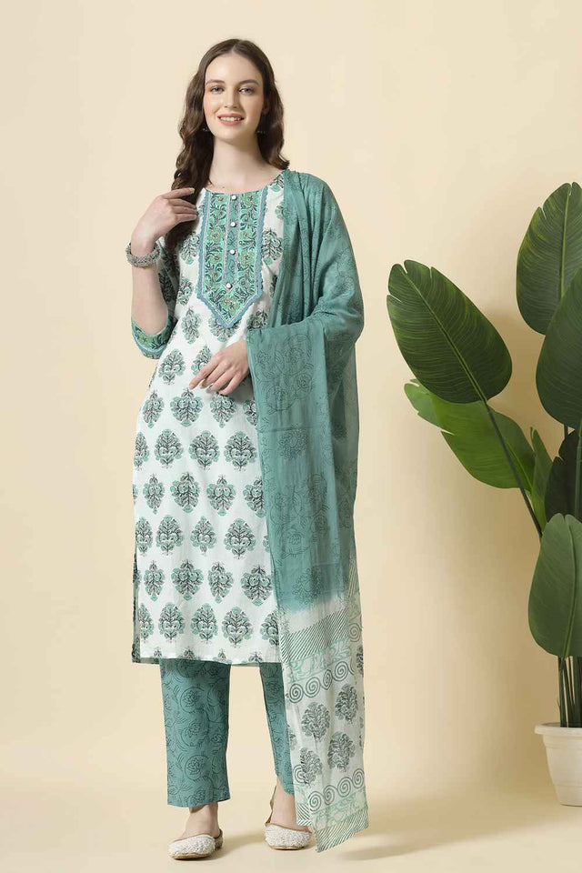 Green Floral Printed Cotton Kurti Pant Set