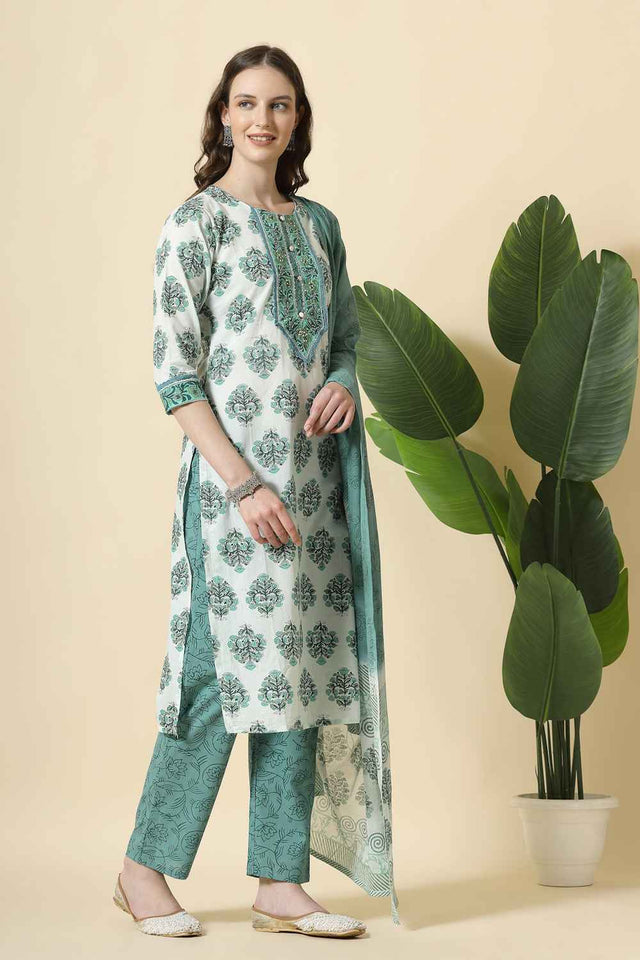 Green Floral Printed Cotton Kurti Pant Set