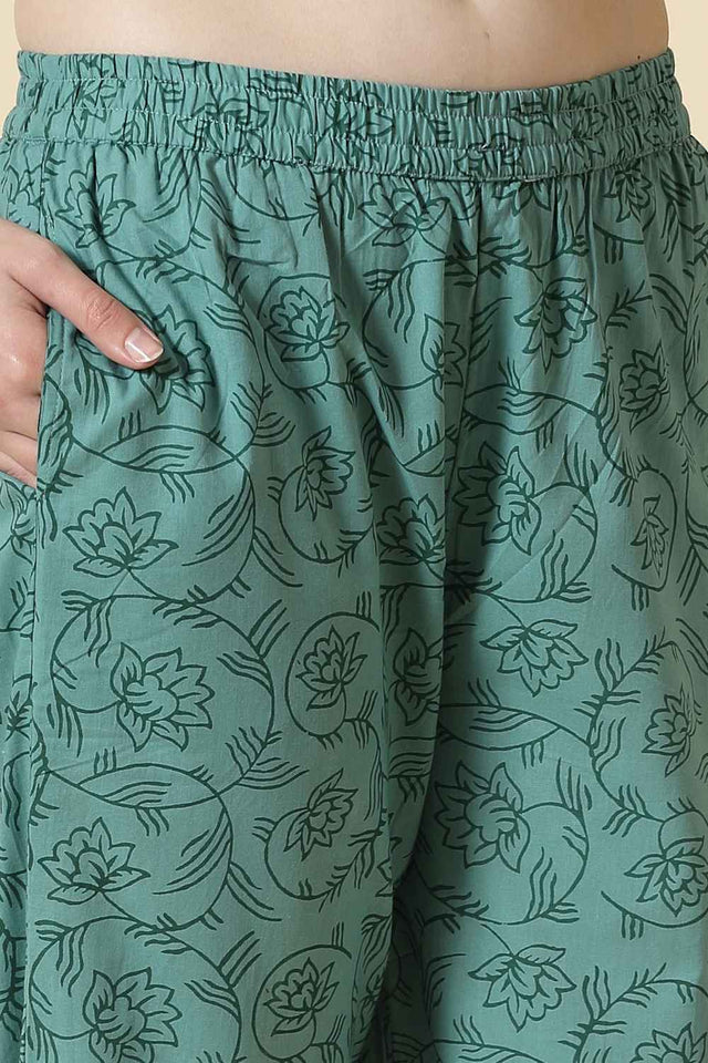 Green Floral Printed Cotton Kurti Pant Set