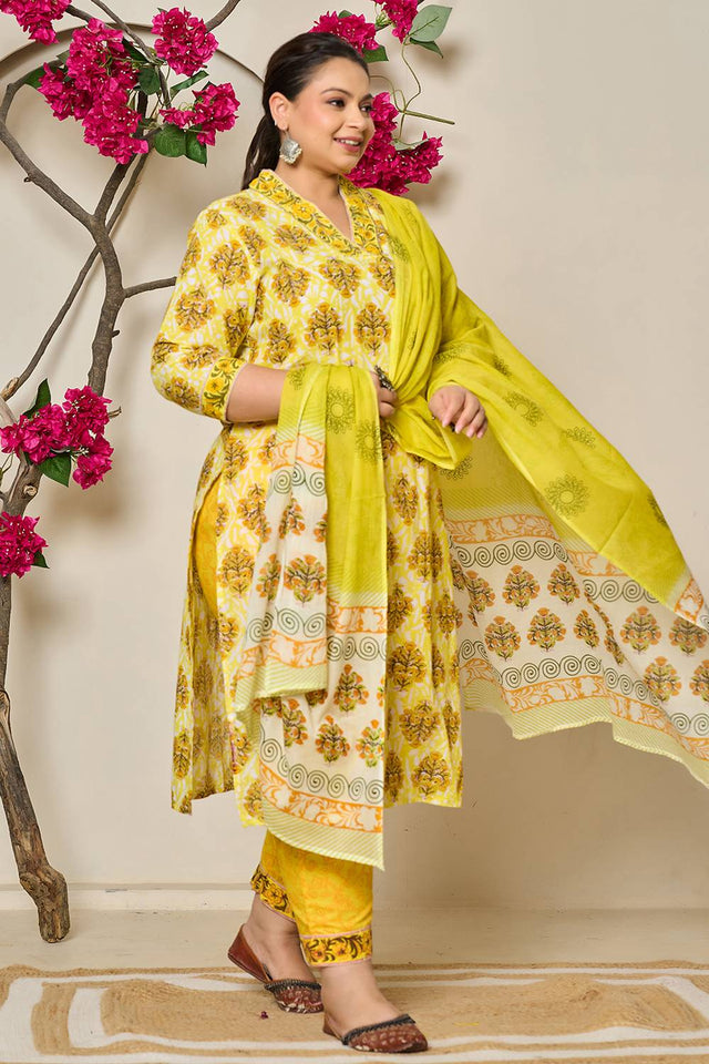 Yellow Floral Printed Cotton Straight Cut Suit Set