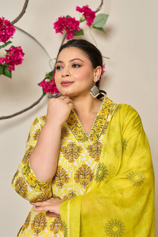Yellow Floral Printed Cotton Straight Cut Suit Set