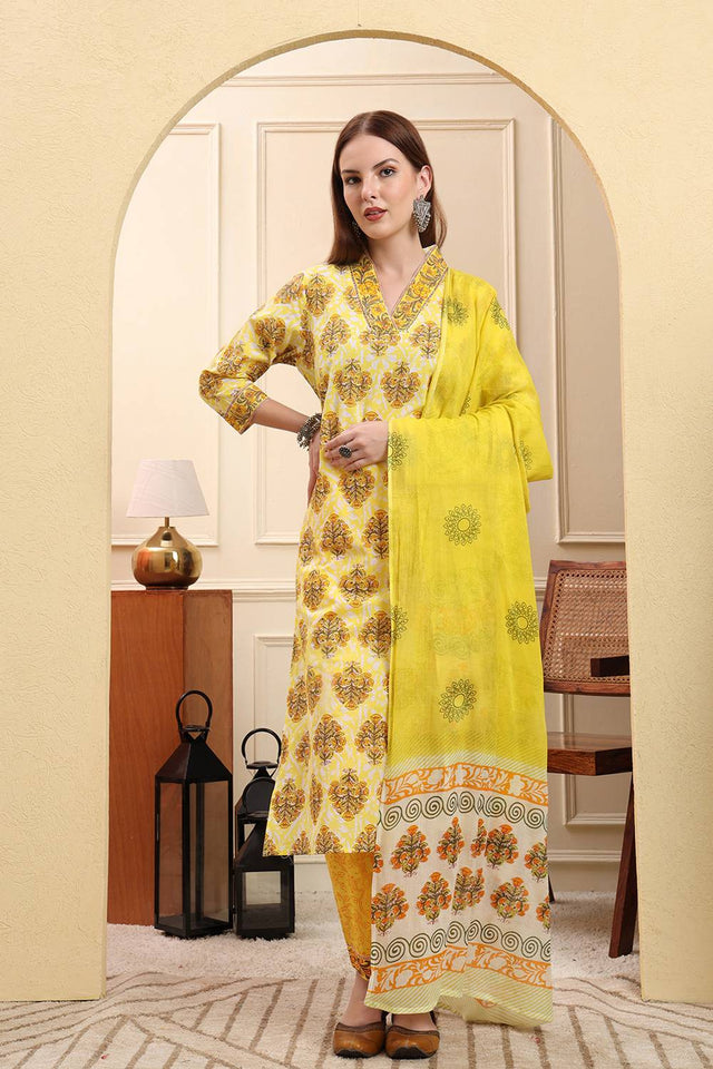 Yellow Floral Printed Cotton Straight Cut Suit Set