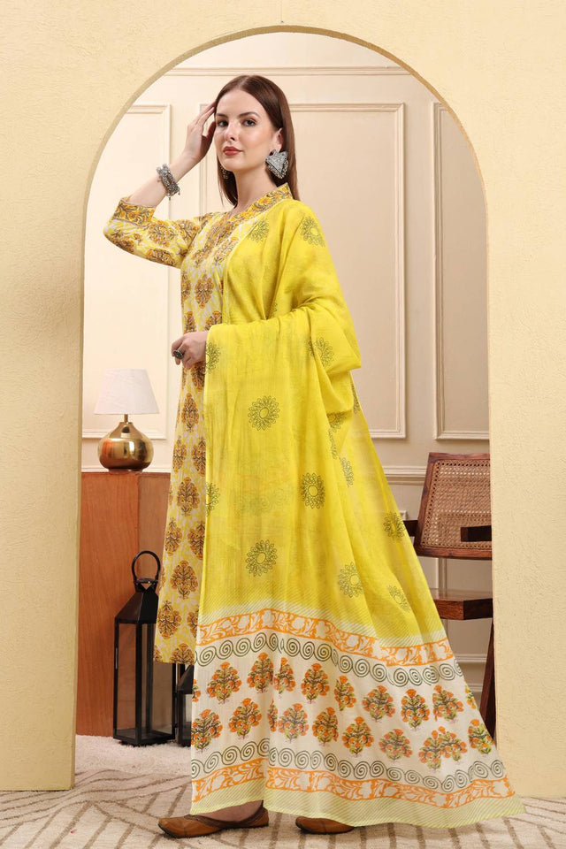 Yellow Floral Printed Cotton Straight Cut Suit Set