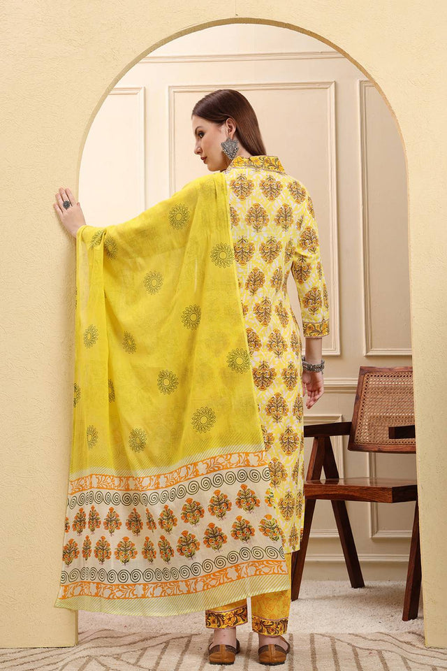 Yellow Floral Printed Cotton Straight Cut Suit Set