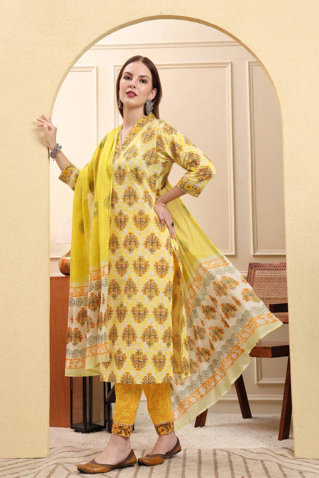 Yellow Floral Printed Cotton Straight Cut Suit Set