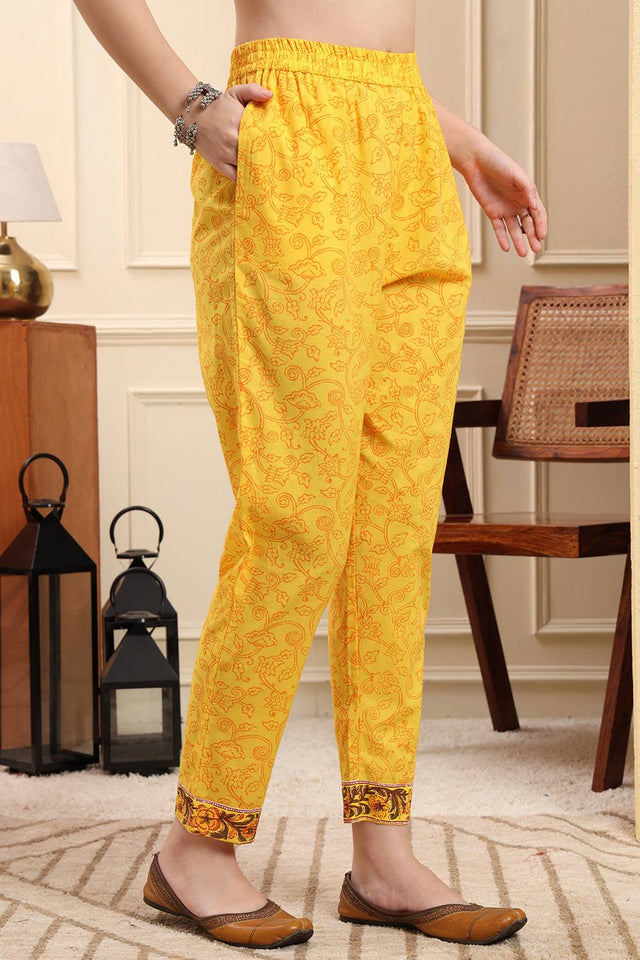 Yellow Floral Printed Cotton Straight Cut Suit Set