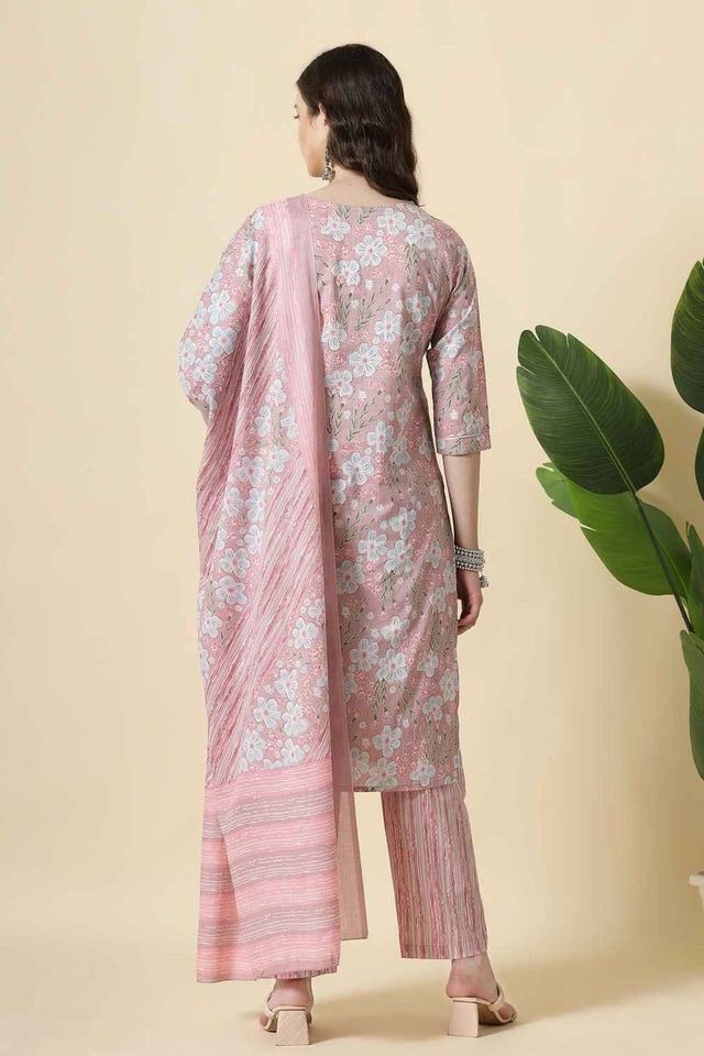 Pink Floral Printed Cotton Kurti Pant Set