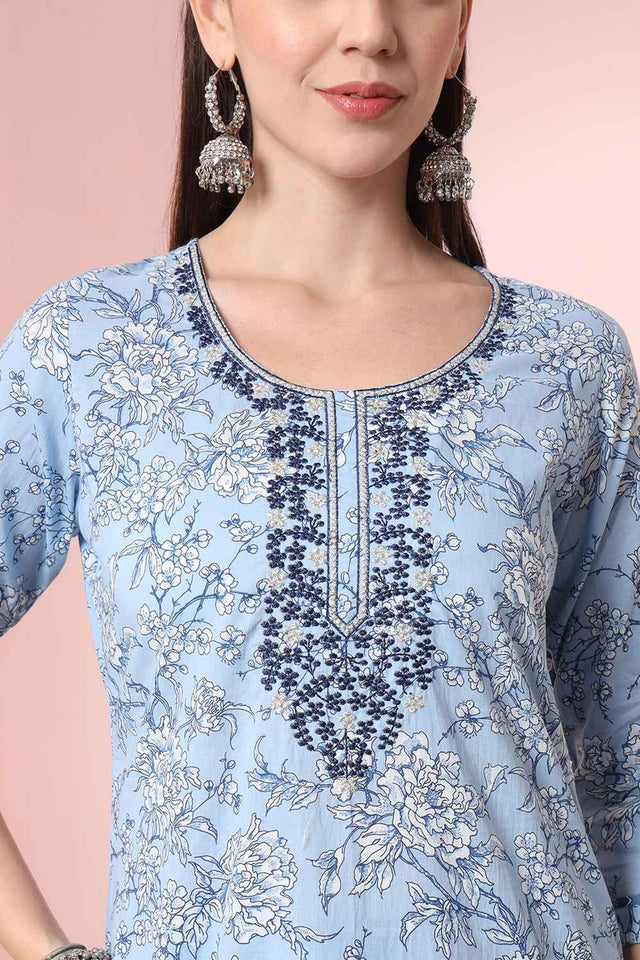 Blue Floral Printed Cotton Kurti Pant Set