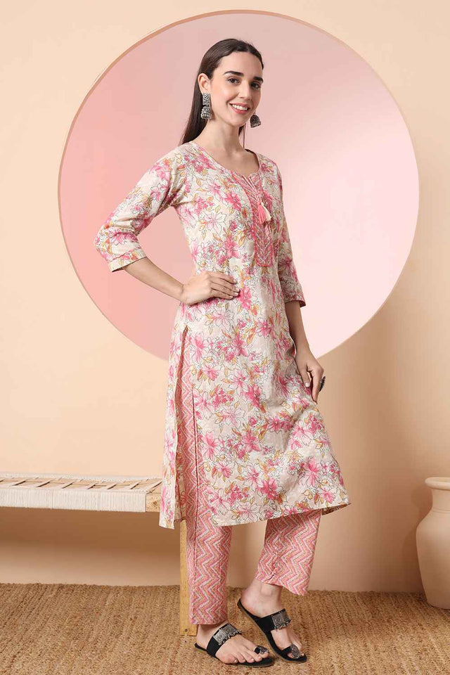 Beige Floral Printed Cotton Kurti Pant Set