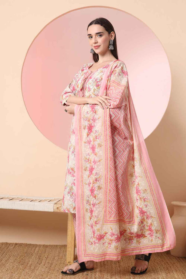 Beige Floral Printed Cotton Kurti Pant Set