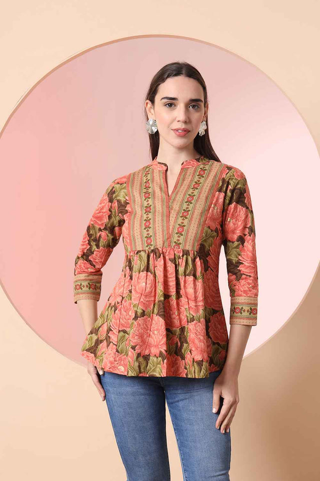 Orange Floral Printed Pure Cotton Tops
