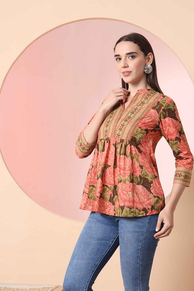 Orange Floral Printed Pure Cotton Tops